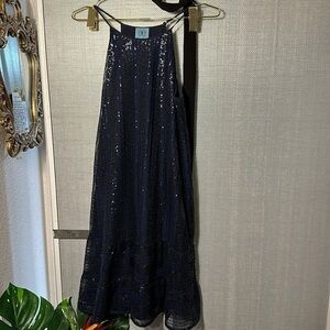 CeCe Navy Sequin Shift Dress Vertical Stripes Size Small